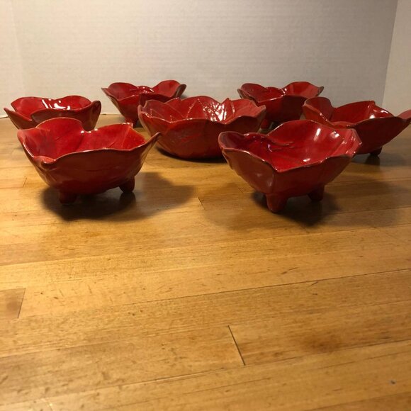 Set of 7 Red Leaf Poinsettia Serving Bowls Ceramic Glazed Holiday Christmas - Picture 10 of 10